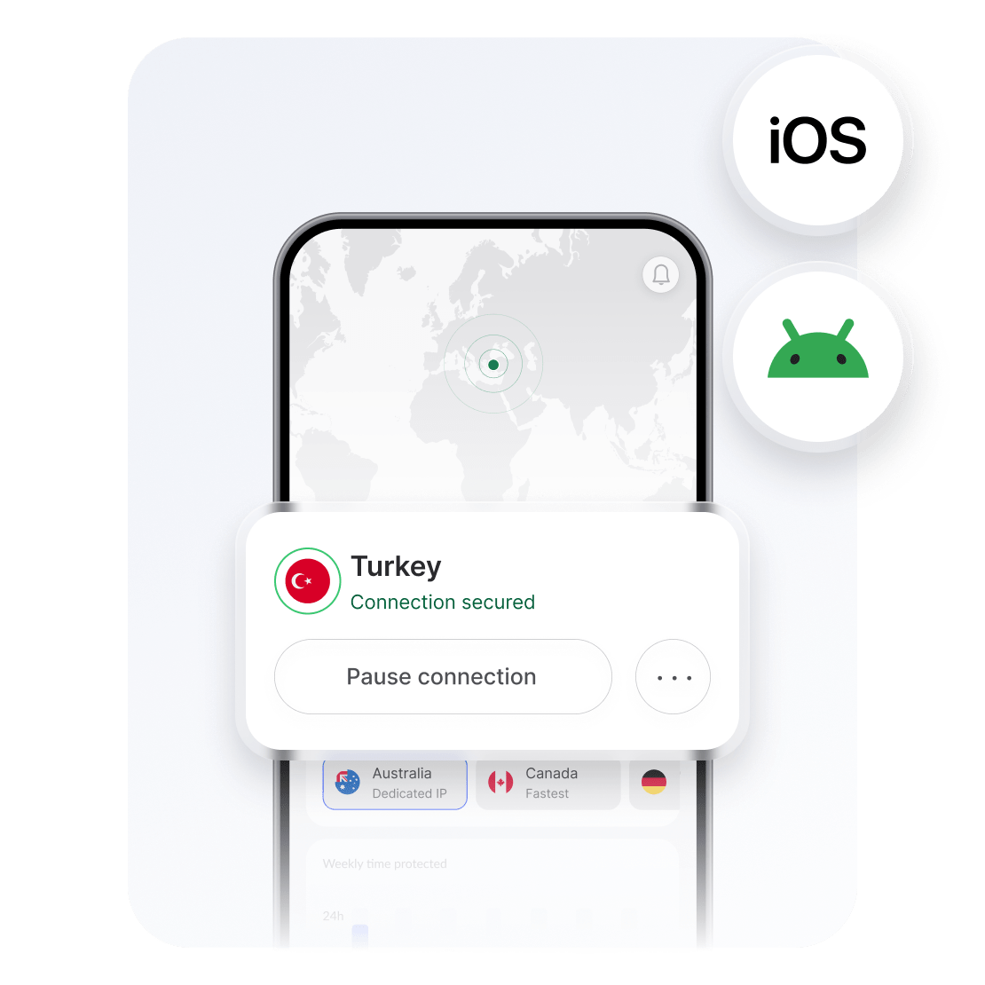 Türkiye&#39;deki ücretli içerikleri izlemek için bu ülkedeki bir sunucuya bağlı NordVPN uygulamasını gösteren bir akıllı telefon.