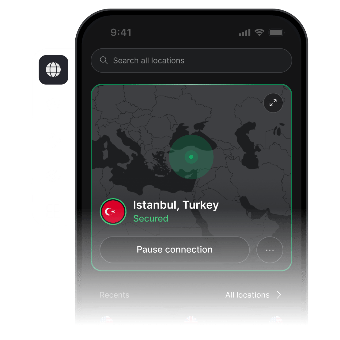NordVPN uygulaması açık olan ve ABD'deki bir VPN sunucusuna bağlı bir akıllı telefon ekranı.