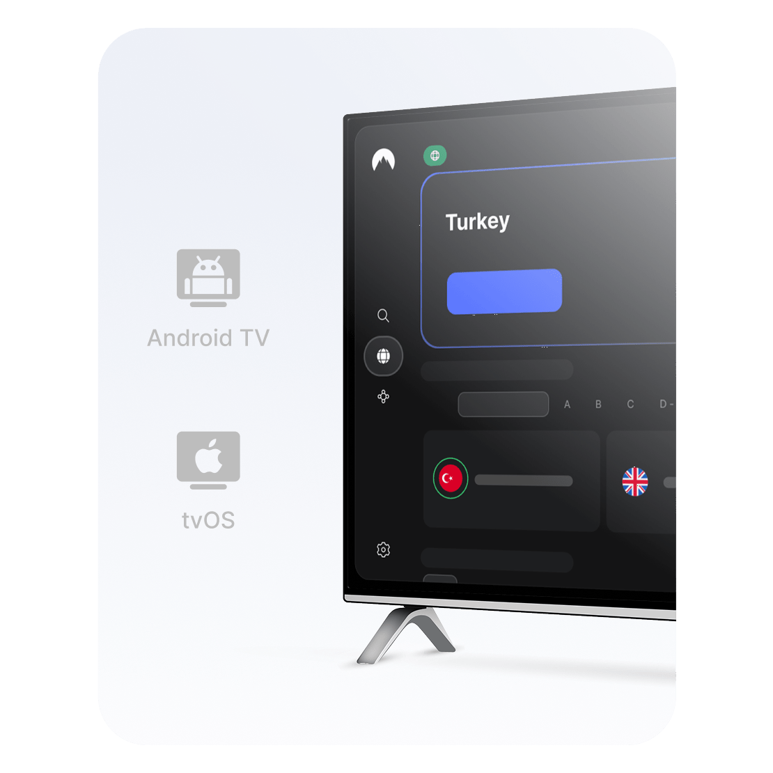 Akıllı TV&#39;de yayın izlemek için VPN kurulumu yapılırken Türkiye sunucusu seçilmiş NordVPN uygulaması.