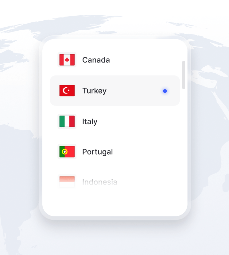 Üzerinde kullanılabilir VPN sunucu konumlarının bir listesinin yer aldığı, dünyanın bir bölümünü gösteren görsel.