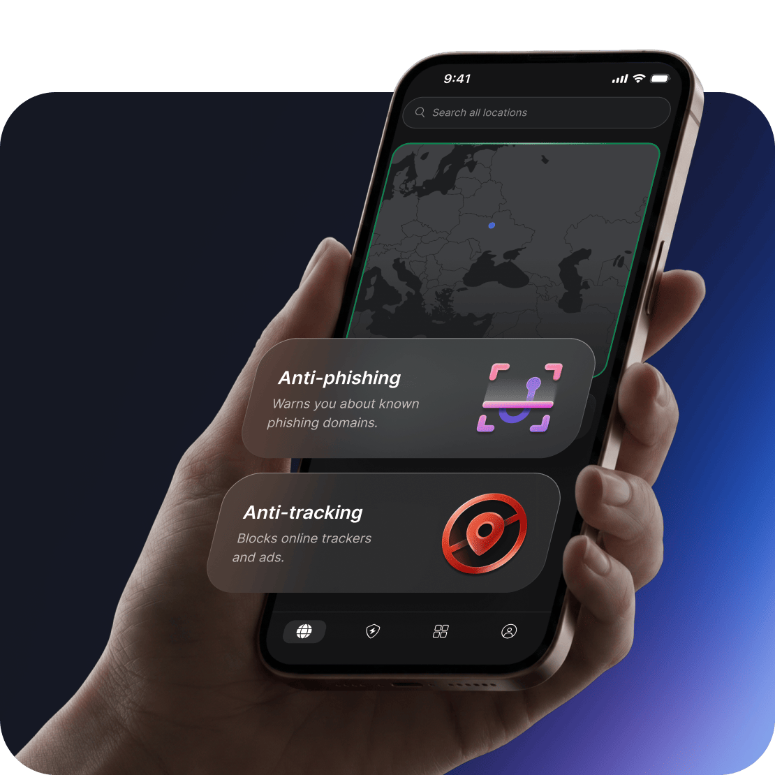 Функції безпеки NordVPN для захисту від шахрайства й фішингу на екрані пристрою.