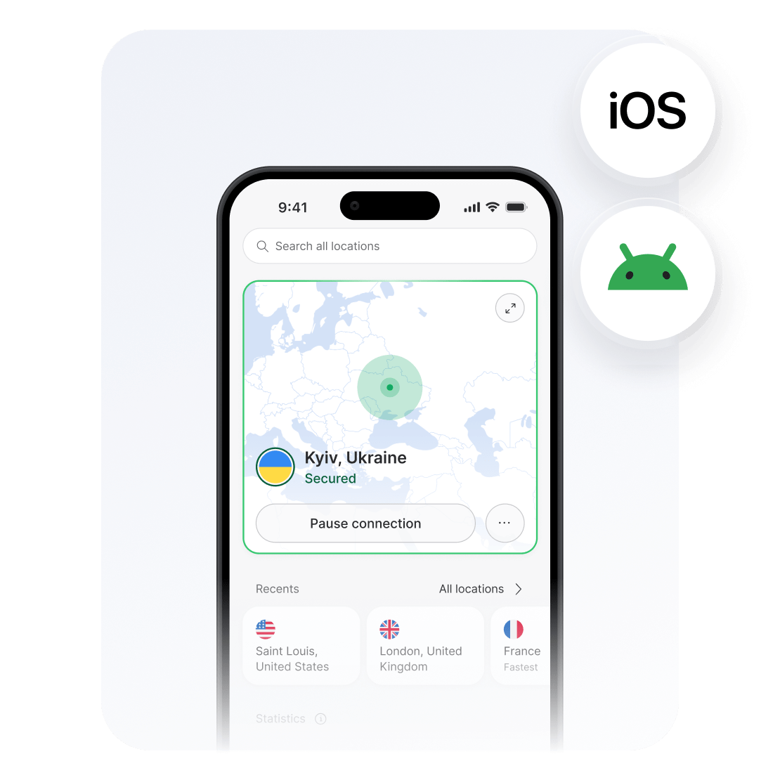На смартфоні відображається програма NordVPN, під’єднана до сервера в Україні, для перегляду платного домашнього контенту.