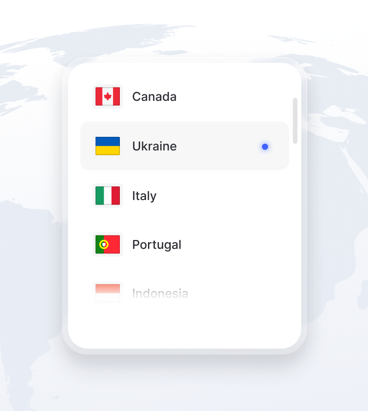 Фрагмент земної кулі з переліком доступних розташувань VPN-серверів.