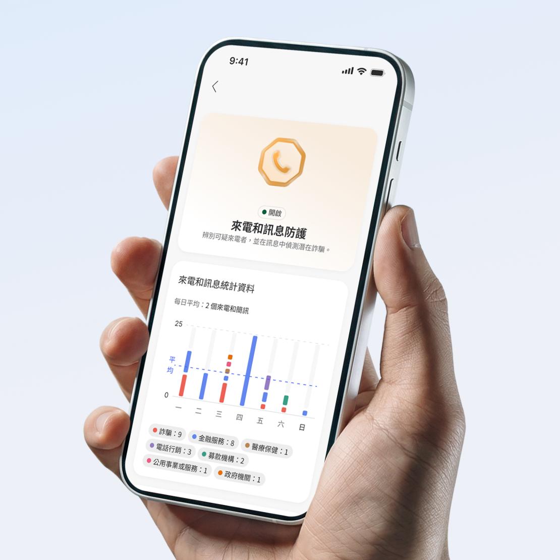 A hand holds a smartphone showing a call and message protection activity chart in the NordVPN app.