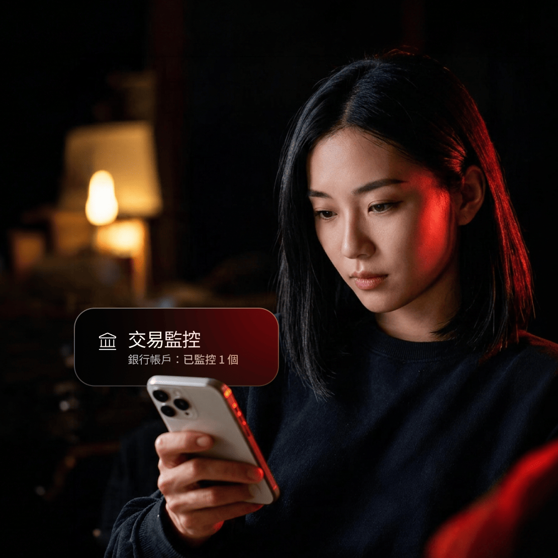 一個人手持智慧型手機，螢幕上顯示的通知確認已為 NordVPN 的交易監測功能設定了銀行帳戶。