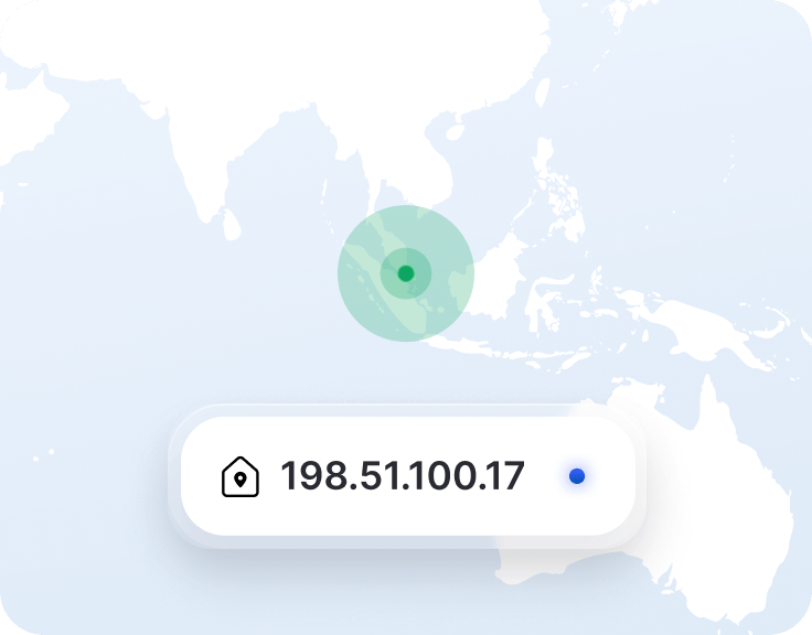 带有专用 IP 地址的 VPN 应用片段，以及新加坡地图上的位置标记。