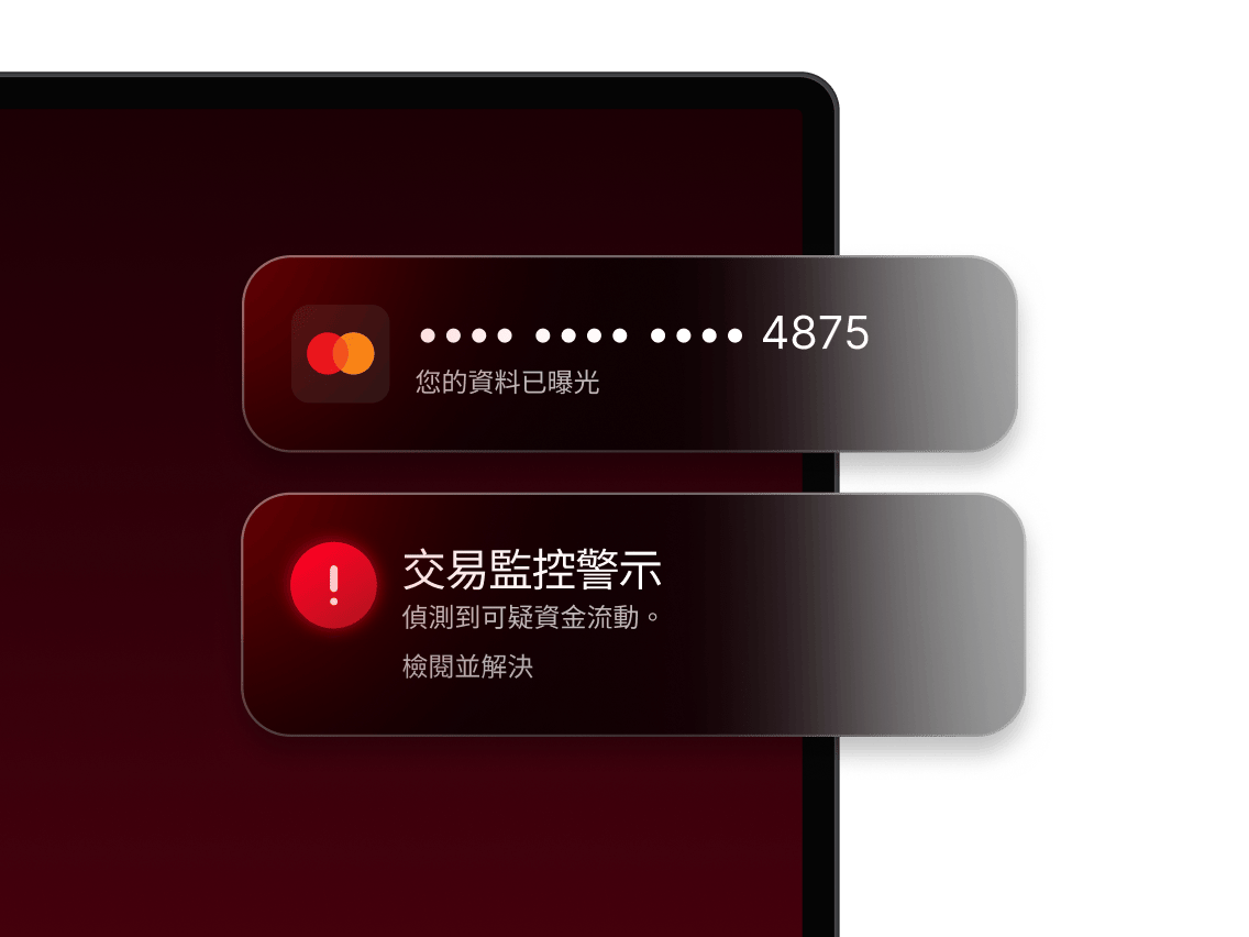 交易监控警报，标记已暴露的银行数据和可疑的资金流动。