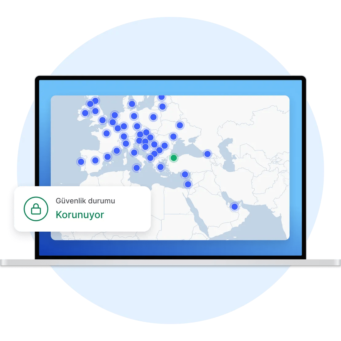 Bir dizüstü bilgisayar, NordVPN&#39;in sunucu haritasını ve &quot;Güvenlik durumu: Korunuyor.&quot;