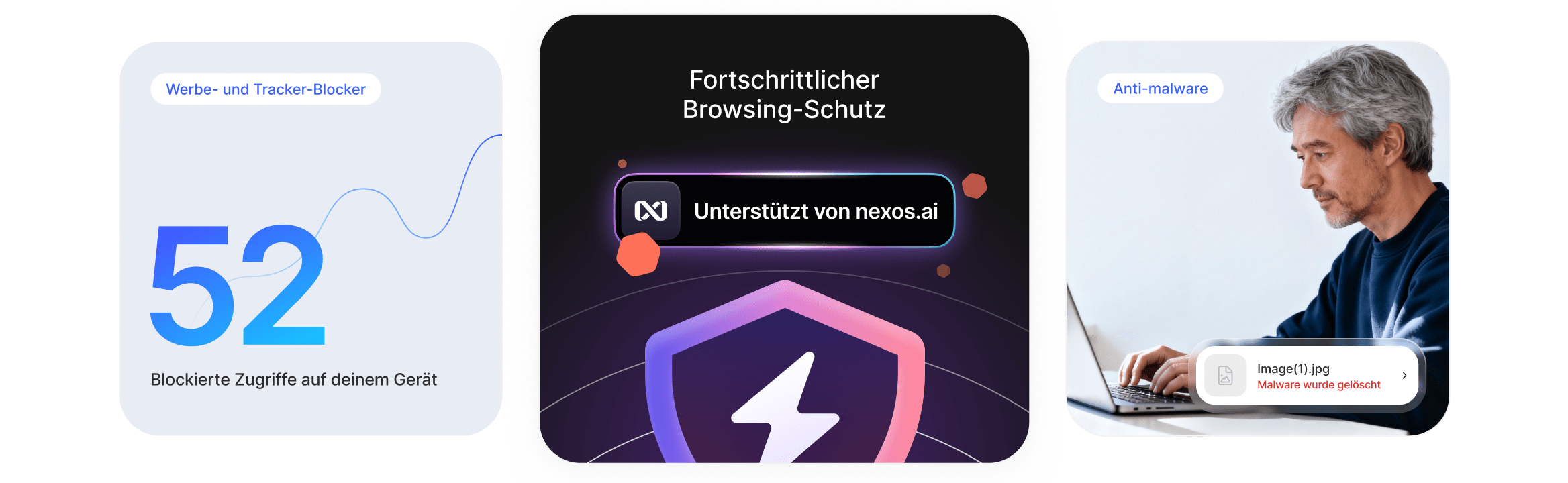Ein Mann genießt fortgeschrittenen Browsing-Schutz und vermeidet Anzeigen, Tracker und bösartige Downloads.