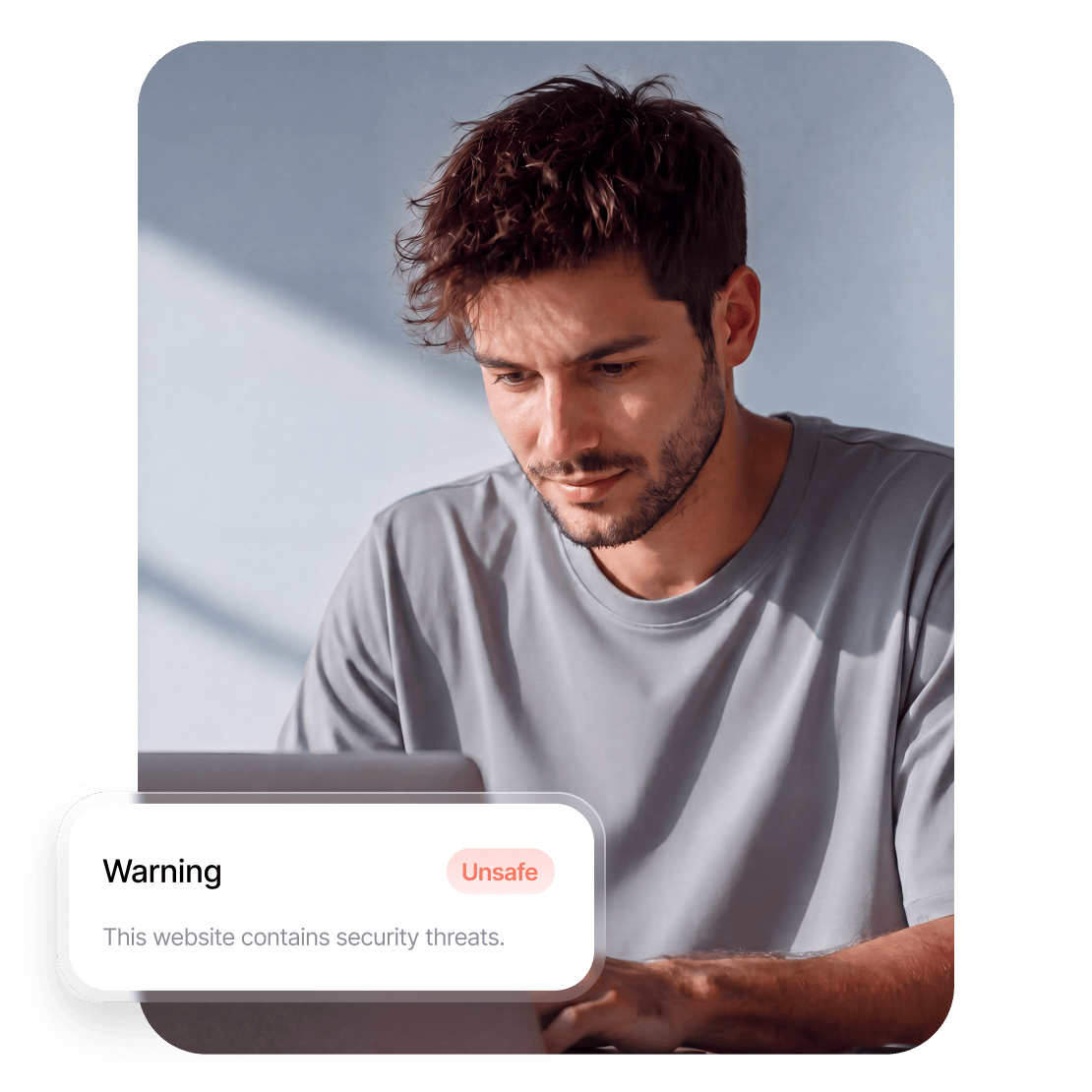 A man using a scam detector on his laptop.