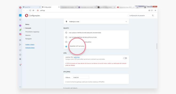 desativar a WebRTC no Opera: passo nº3