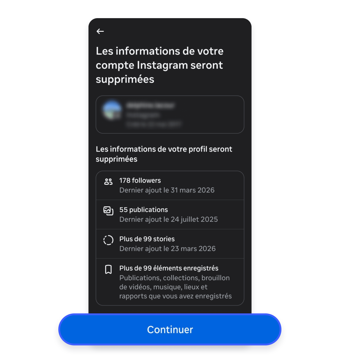 Suppression d&#39;un compte Instagram sur mobile : appuyer sur Continuer