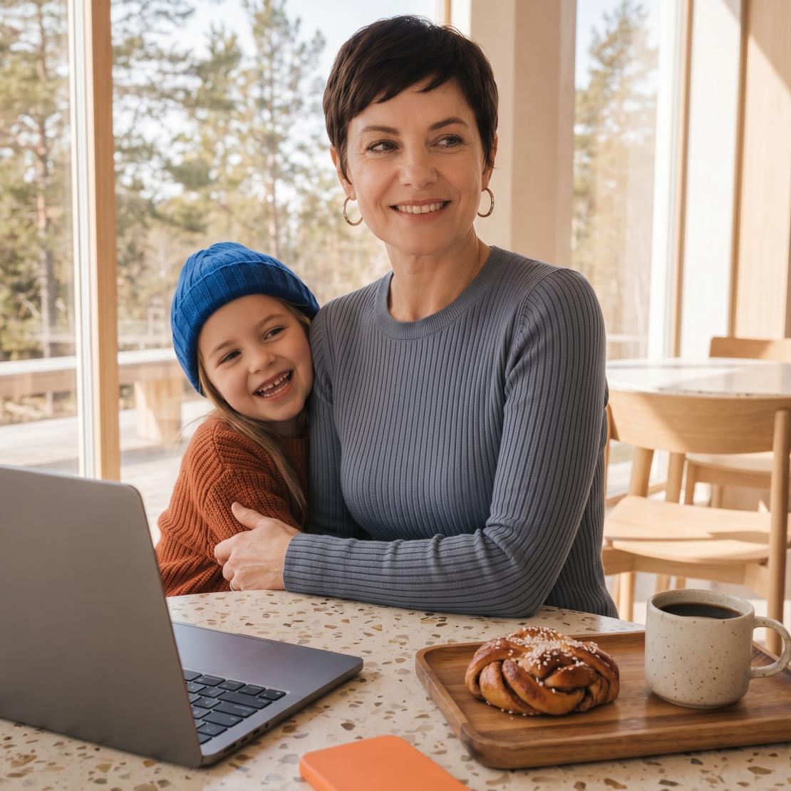 A person with a child sitting in front of a computer.