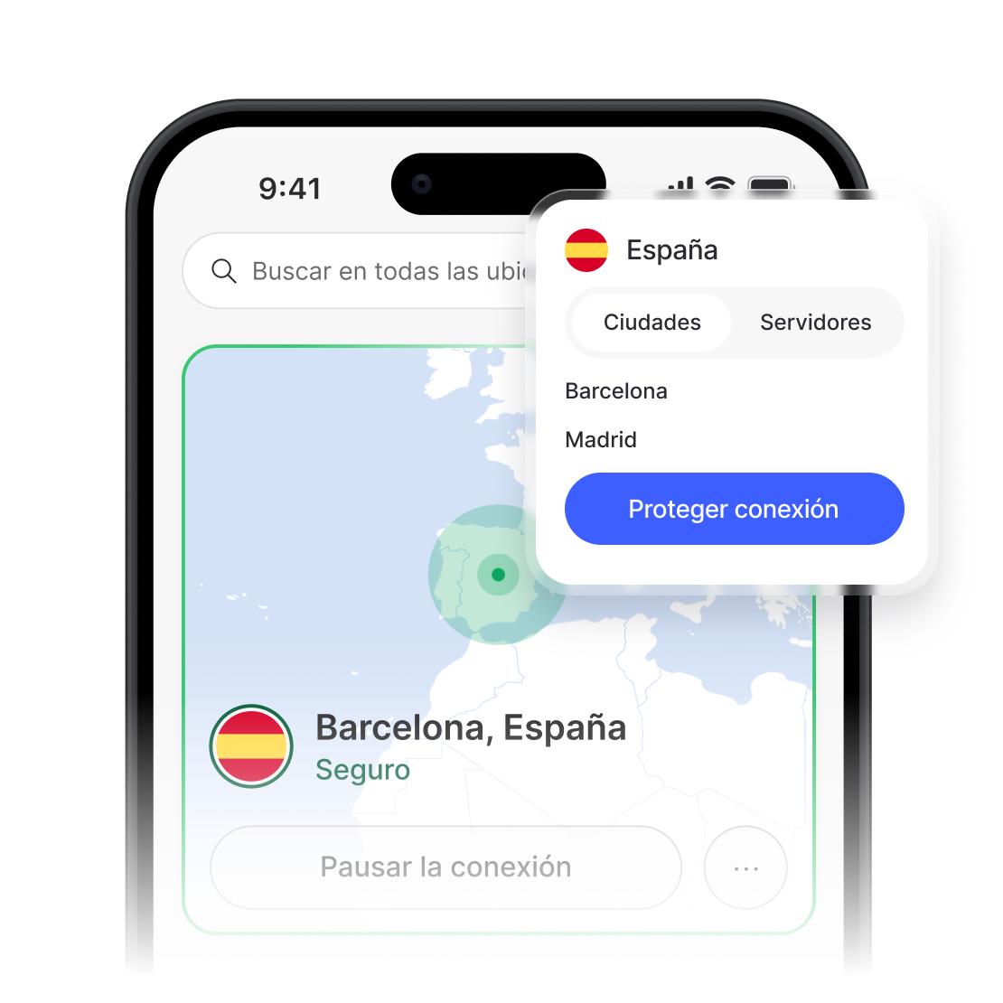 App NordVPN que muestra una conexión segura y la lista de servidores de España.