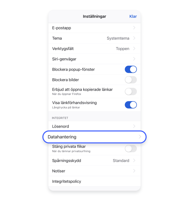 Välj Datahantering.