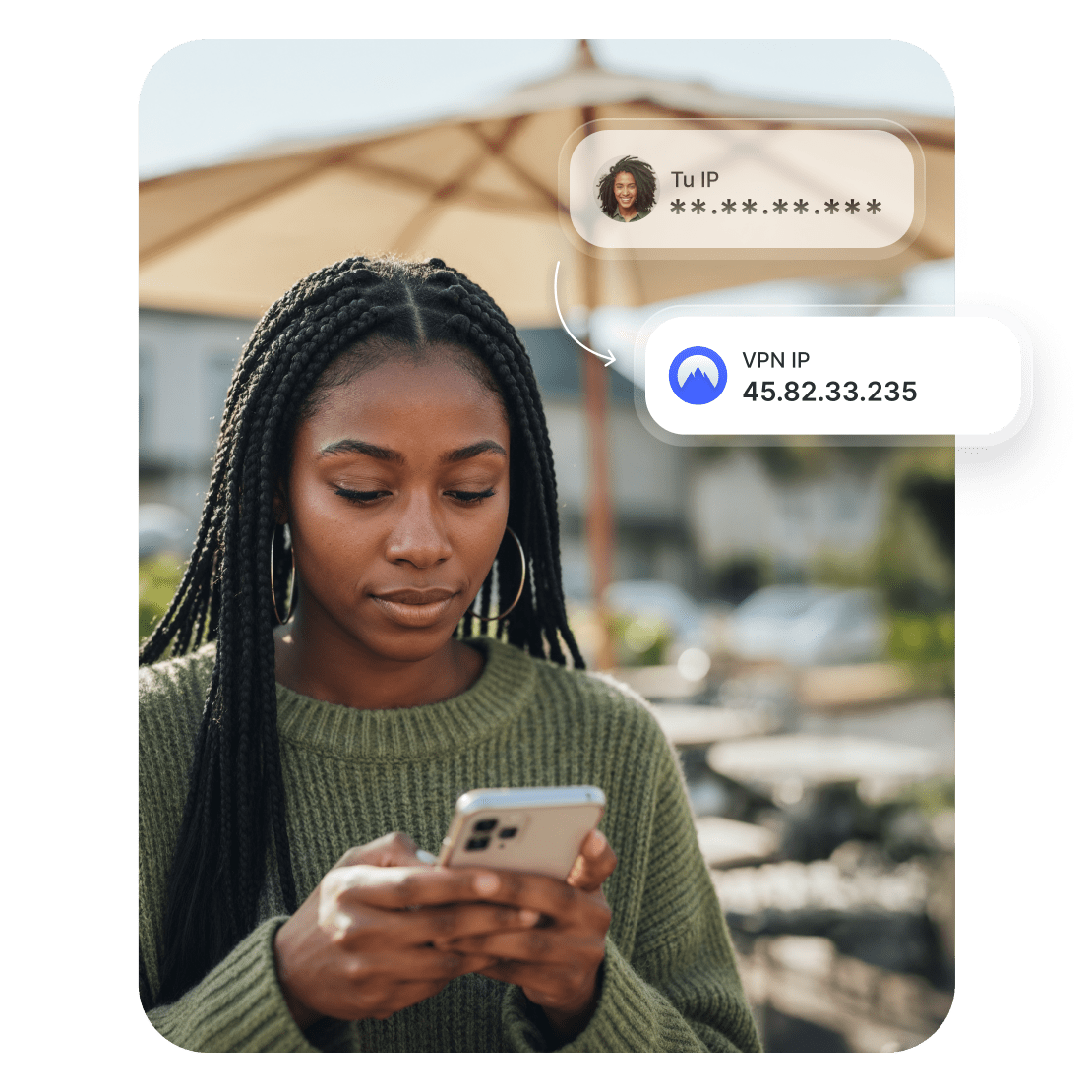 Una mujer con tu teléfono cambiando la IP real por la dirección IP de un servidor NordVPN.