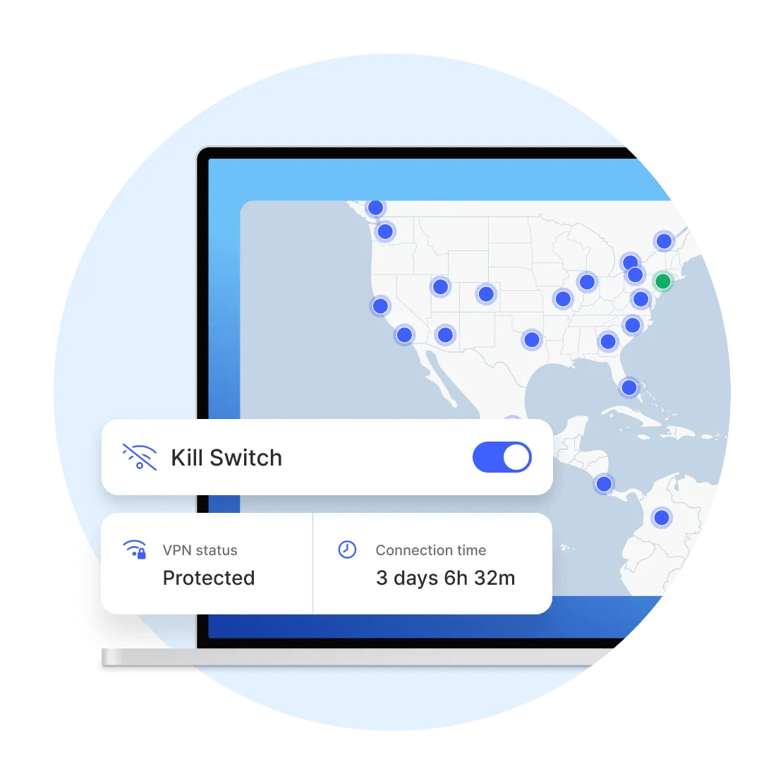 A laptop screen showing a secure connection to a VPN server in the US protected by Kill Switch.