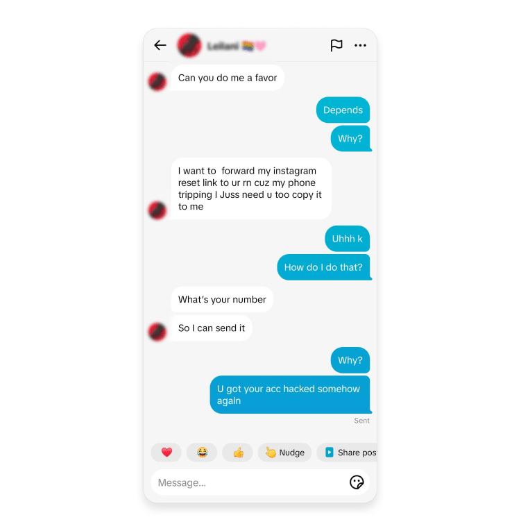 Instagram phishing message asking to forward Instagram reset PIN