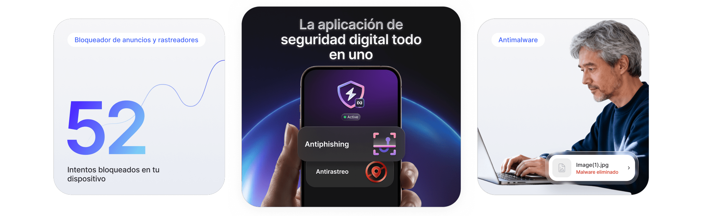 Elementos visuales que muestran las funciones antifraude, antirastreo y antimalware del antivirus de última generación de NordVPN.