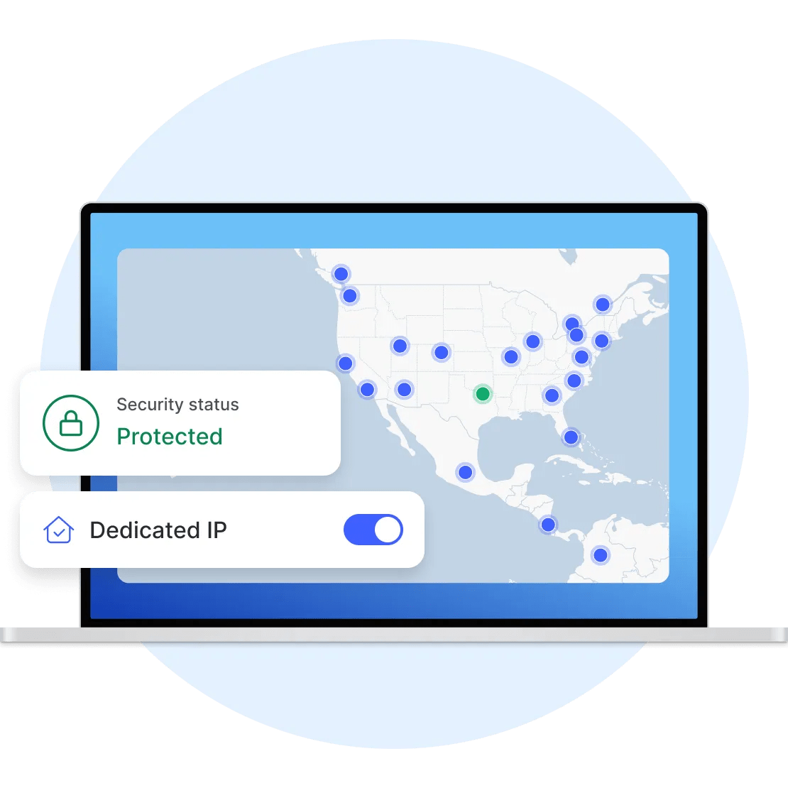 Laptop with the NordVPN app on it, connected to a dedicated IP server in the US.