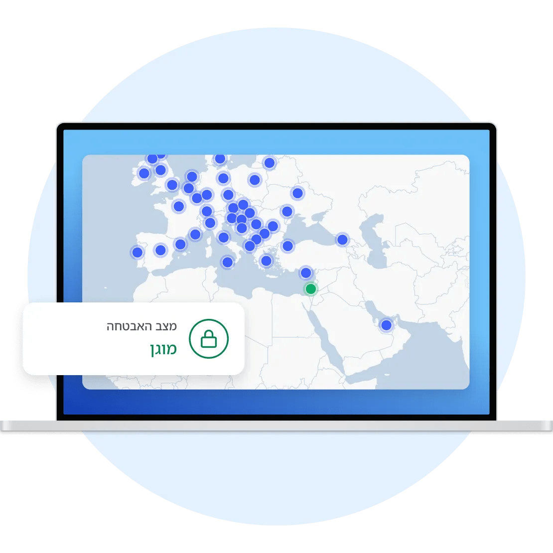 מחשב נייד מציג את מפת השרתים של NordVPN ואת הכיתוב &quot;מצב אבטחה: מוגן&quot;.