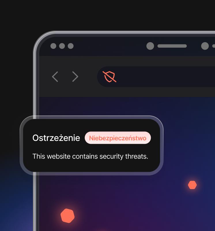 Ekran przeglądarki pokazujący nowoczesny antywirus blokujący złośliwą stronę internetową.