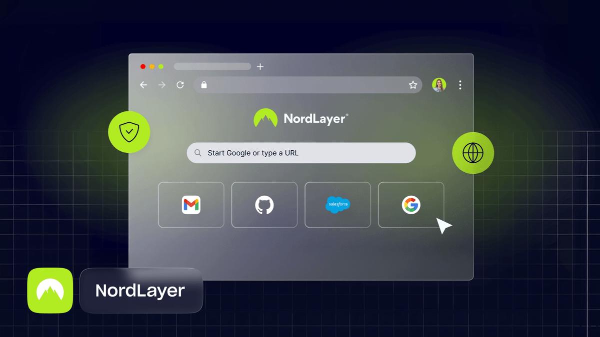 The NordLayer enterprise browser window with a search bar and shortcuts to Gmail, GitHub, Salesforce, and Google.