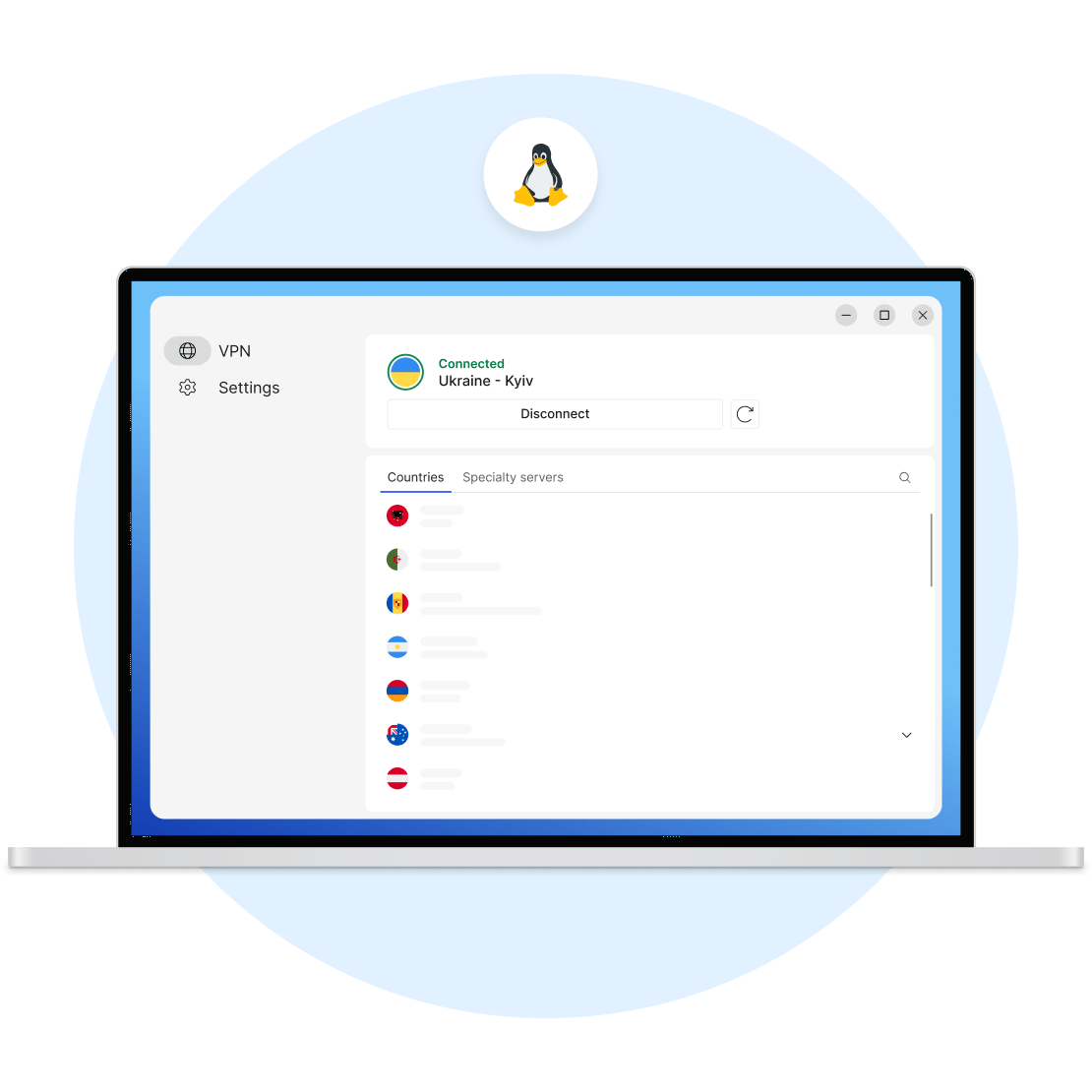 Екран ноутбука з серверами NordVPN у країні — альтернатива безкоштовному VPN для Linux.