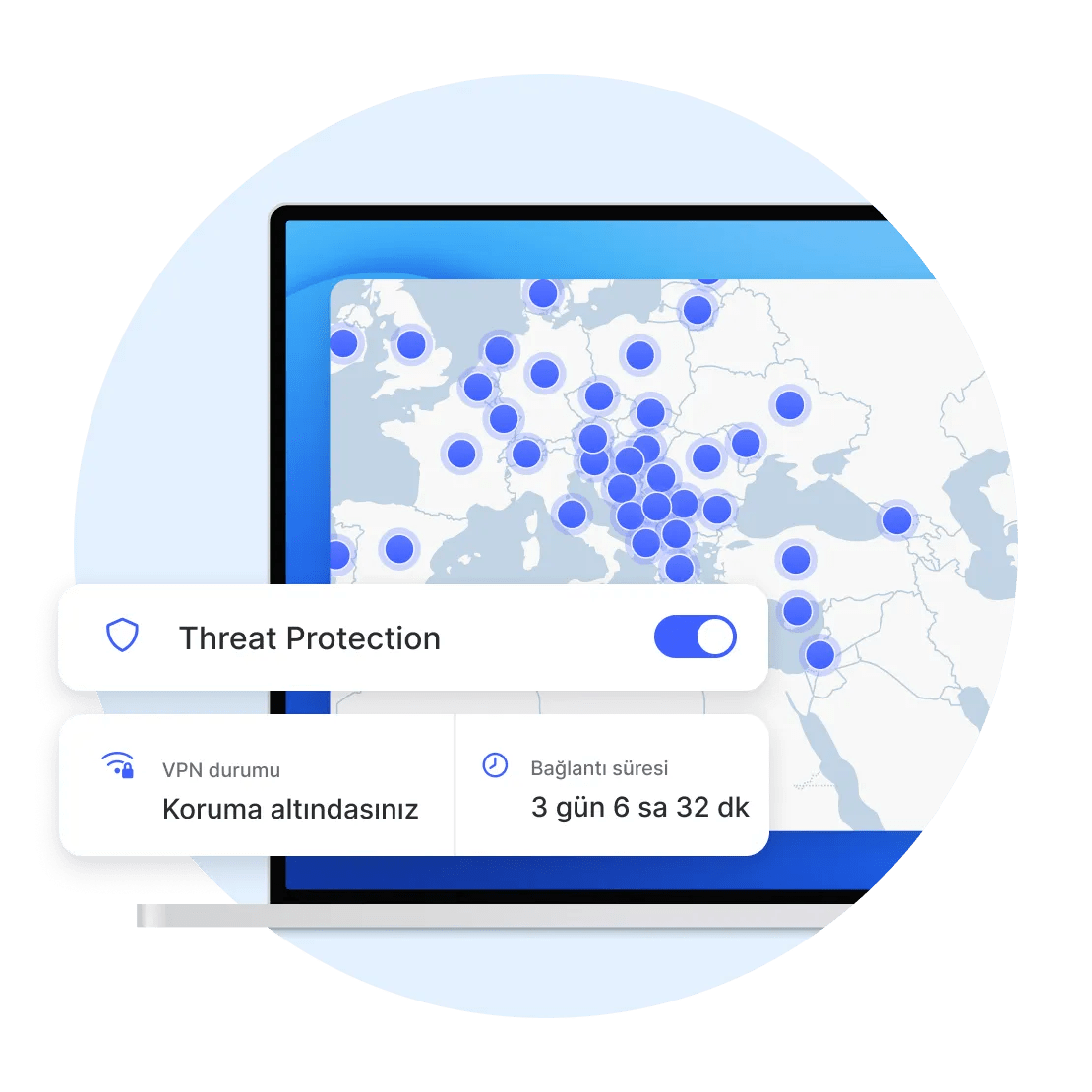 Dizüstü bilgisayarda Threat Protection Pro&#39;nun açık olduğu NordVPN uygulaması.