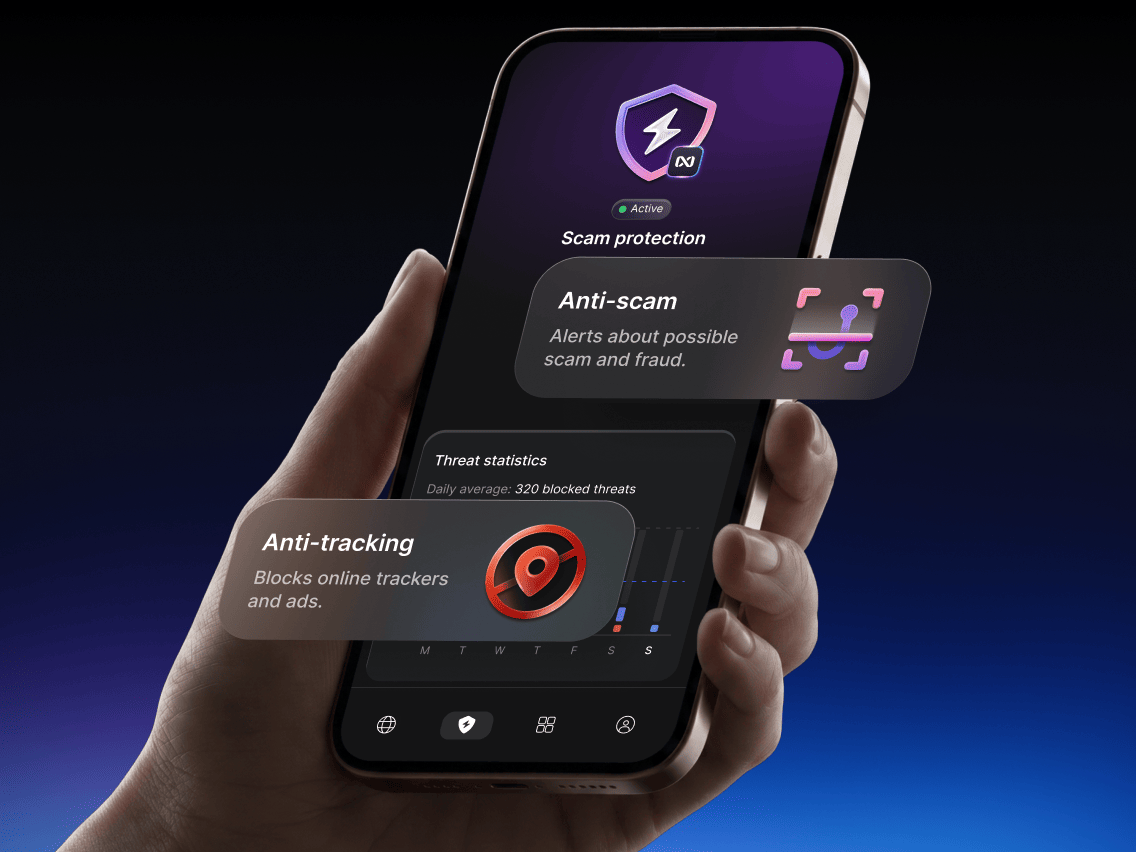 A person using the next-generation antivirus to enable scam protection on their mobile phone.