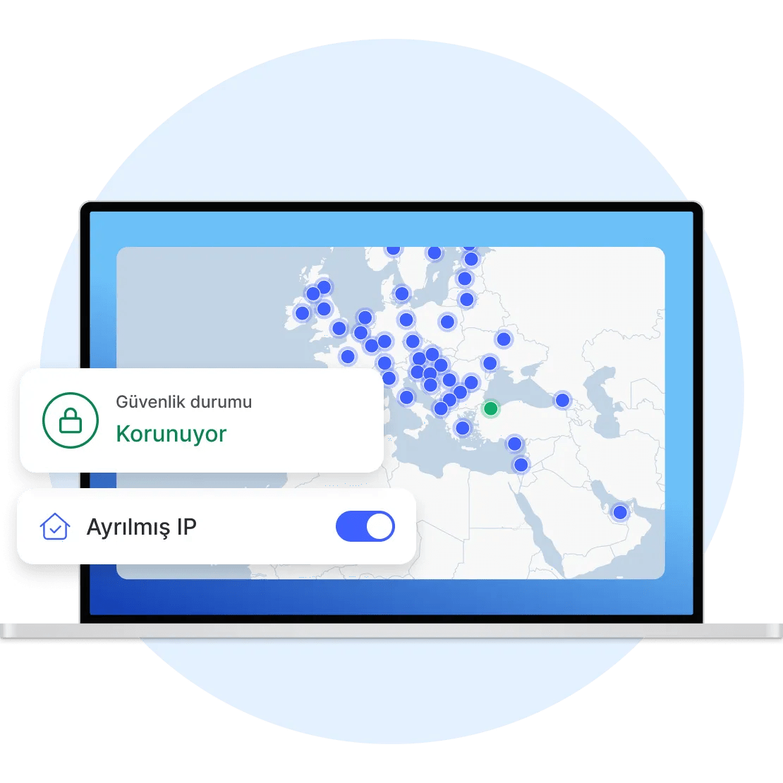 NordVPN uygulaması bulunan dizüstü bilgisayar, Türkiye&#39;deki ayrılmış IP sunucusuna bağlı.