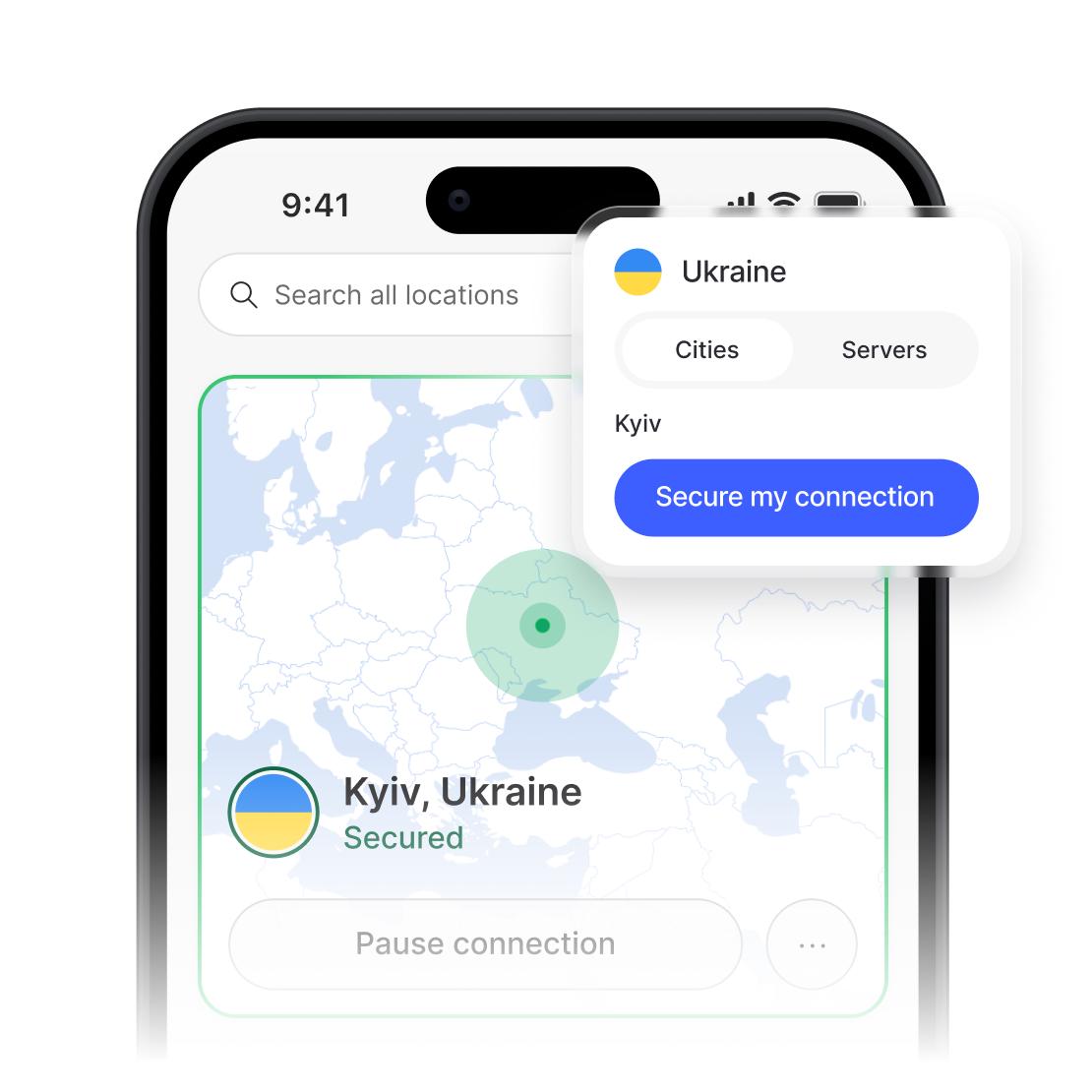 Програма NordVPN із встановленим безпечним з'єднанням і списком серверів в Україні.