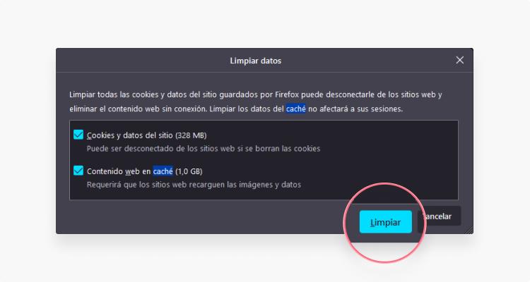 borrar cache Firefox: paso 4