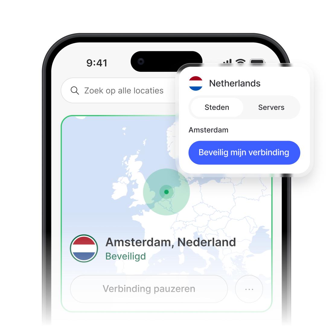 NordVPN-app met een beveiligde verbinding en een lijst van servers in Nederland.