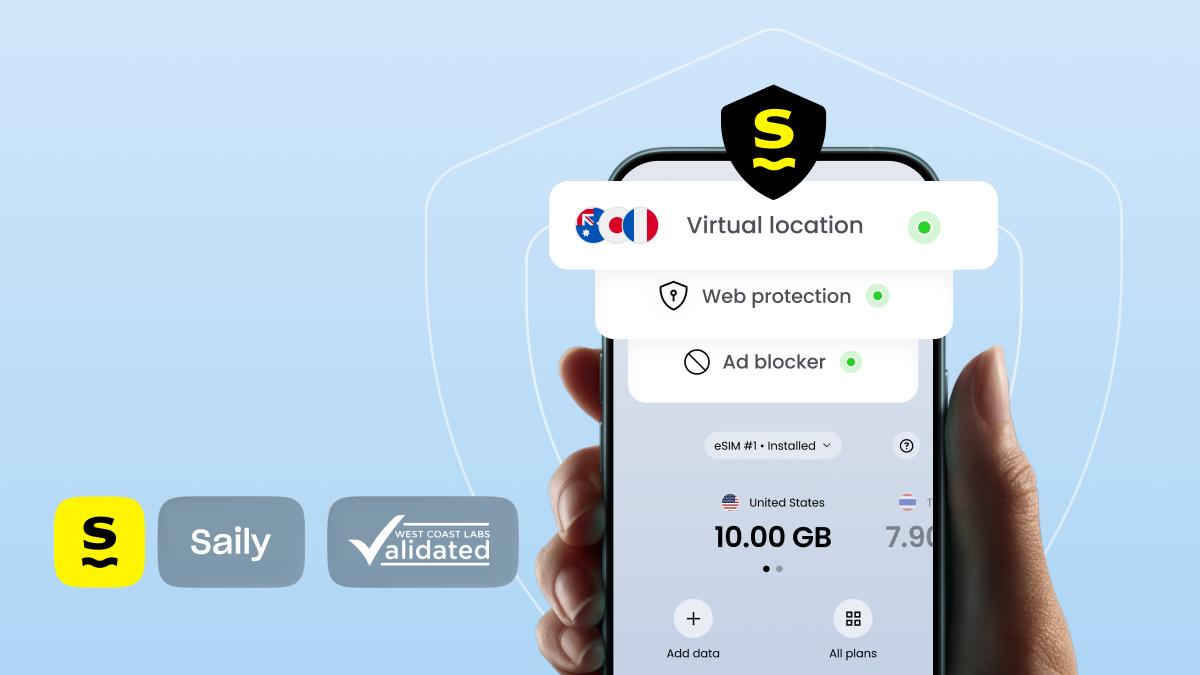 A West Coast Labs Validated seal beside the Saily app showing virtual location, web protection, and ad blocker.