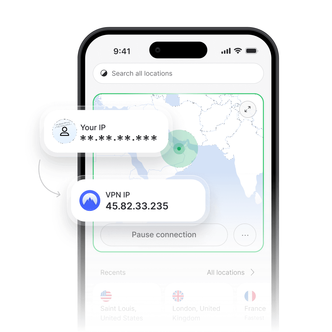 تطبيق NordVPN يعرض عنوان IP حقيقي مخفي وعنوان IP جديد لشبكة VPN.
