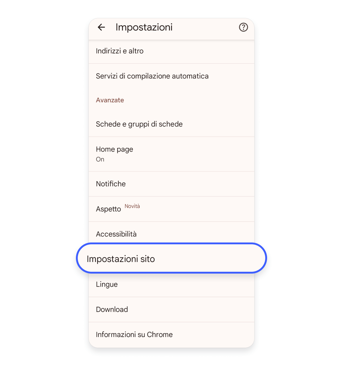 Scorri verso il basso e tocca Impostazioni sito.