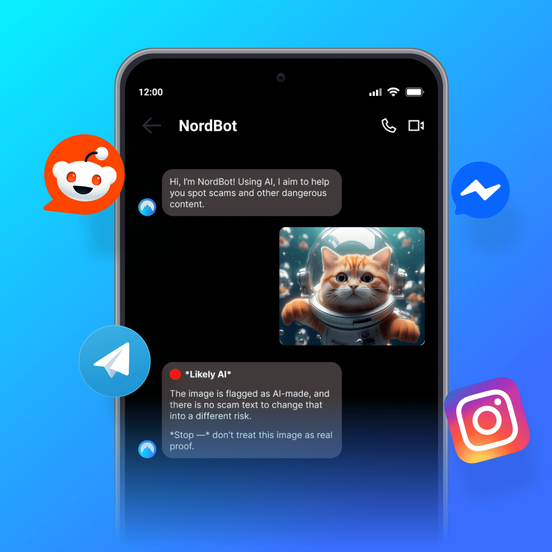 A smartphone screen showing how NordBot identifies AI-generated content.