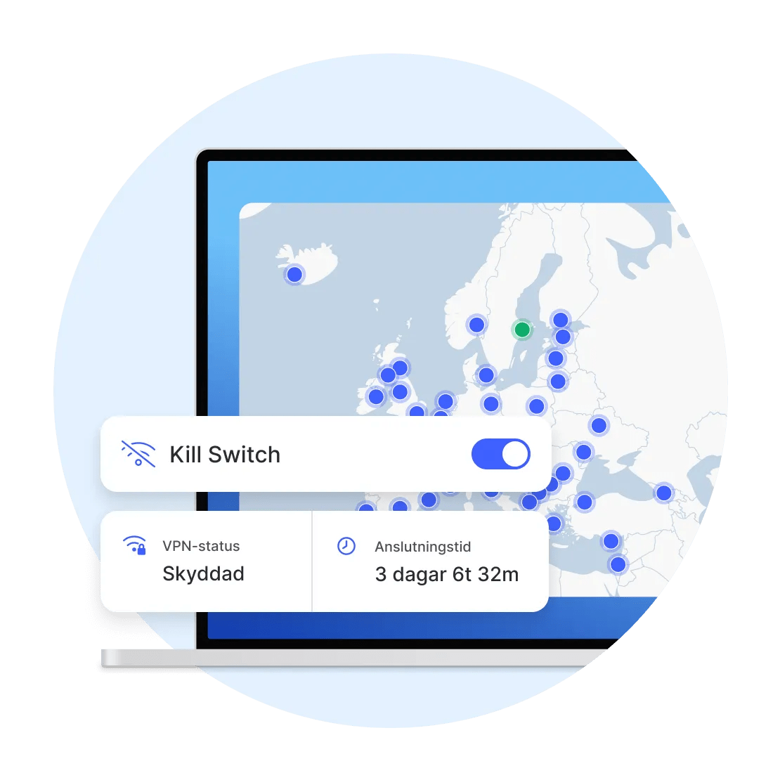 En laptopskärm som visar en säker anslutning till en VPN-server i Sverige skyddad av Kill Switch.