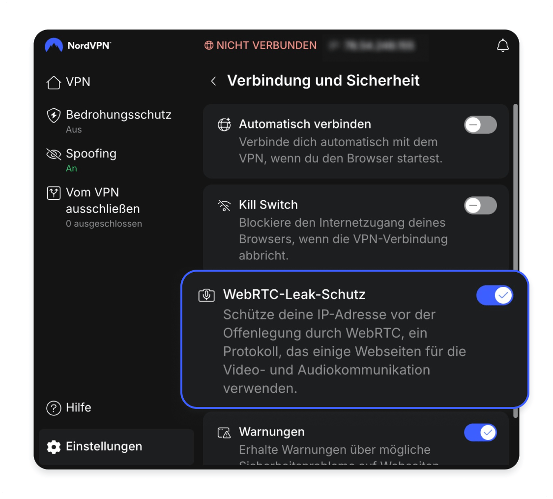 Aktivieren von WebRTC-Schutz in NordVPN-Erweiterung