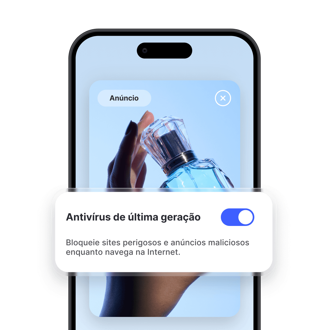 Um ecrã de smartphone a mostrar um anúncio de perfume com a funcionalidade de bloqueio de anúncios da NordVPN ativada.