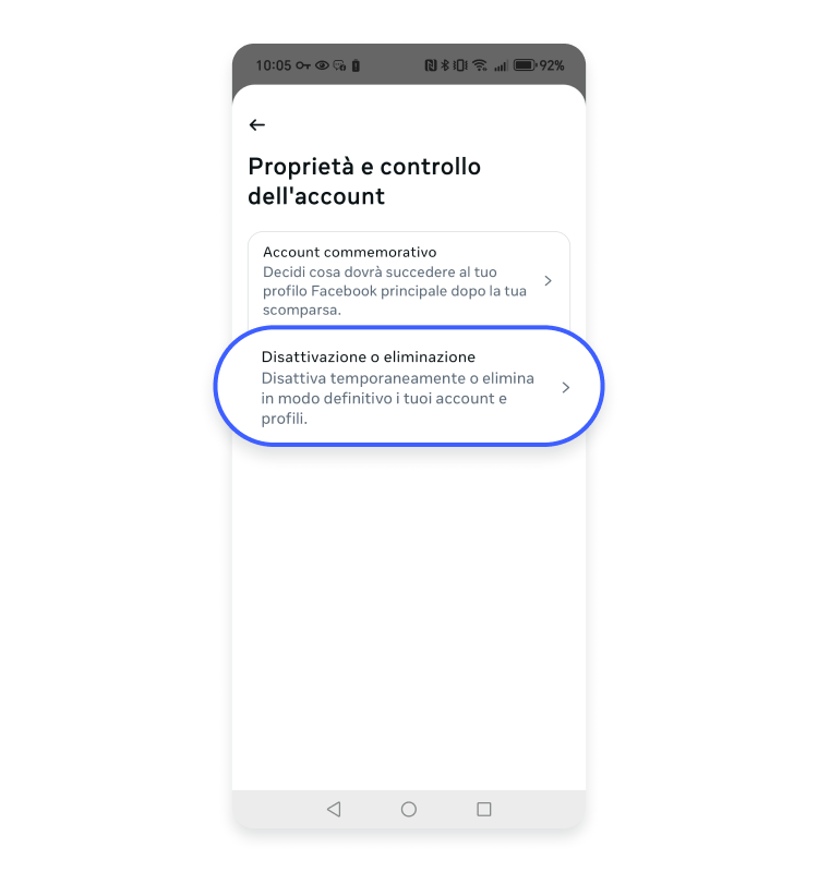 Disattiva o elimina account Facebook