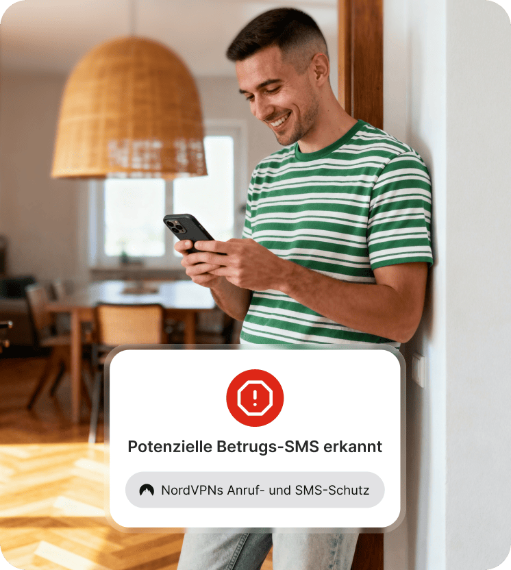 Eine Person schützt sich mit dem Anruf- und Nachrichtenschutz von NordVPN vor Phishing.