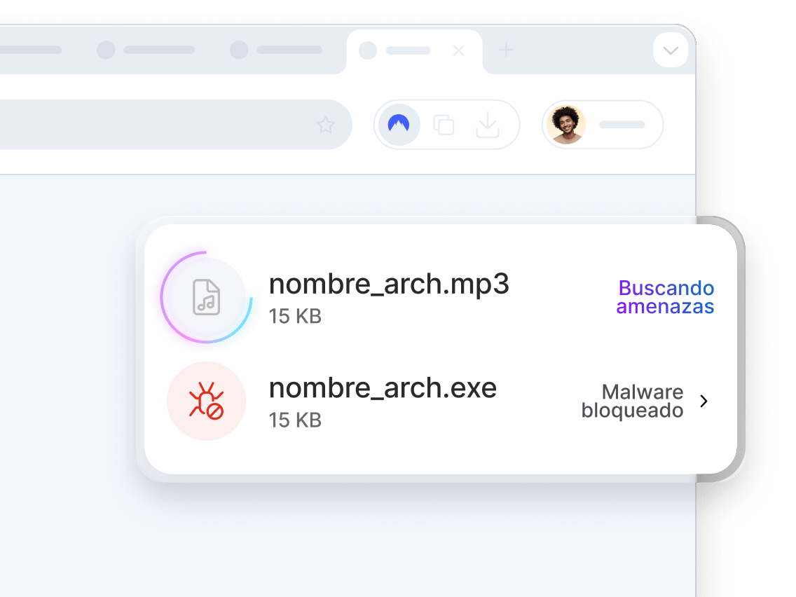 Una pantalla del navegador en la que se ve cómo el antivirus de última generación analiza un archivo MP3 en busca de amenazas y bloquea un archivo EXE que contiene malware.