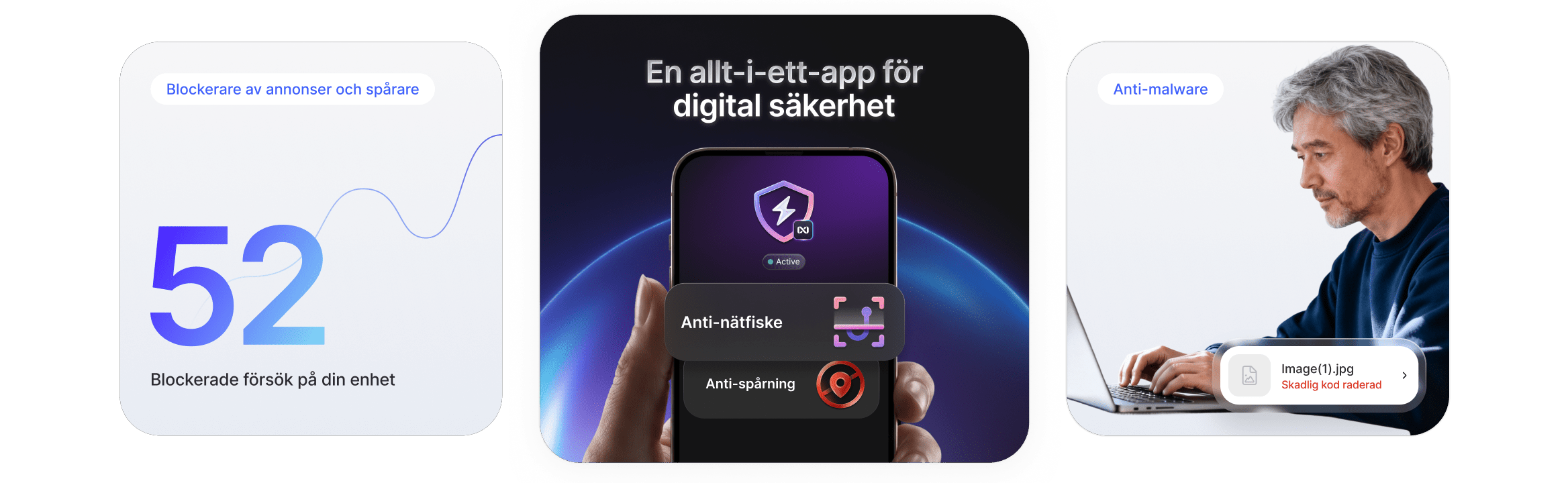 Visuella element som visar skyddsfunktionerna mot bedrägerier, spårning och skadlig kod i NordVPN:s nästa generations antivirus.