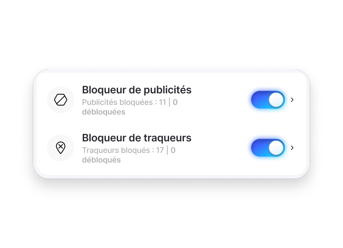 Fonctionnalités de blocage des publicités et des traqueurs activées dans le tableau de bord de l’antivirus nouvelle génération de NordVPN.