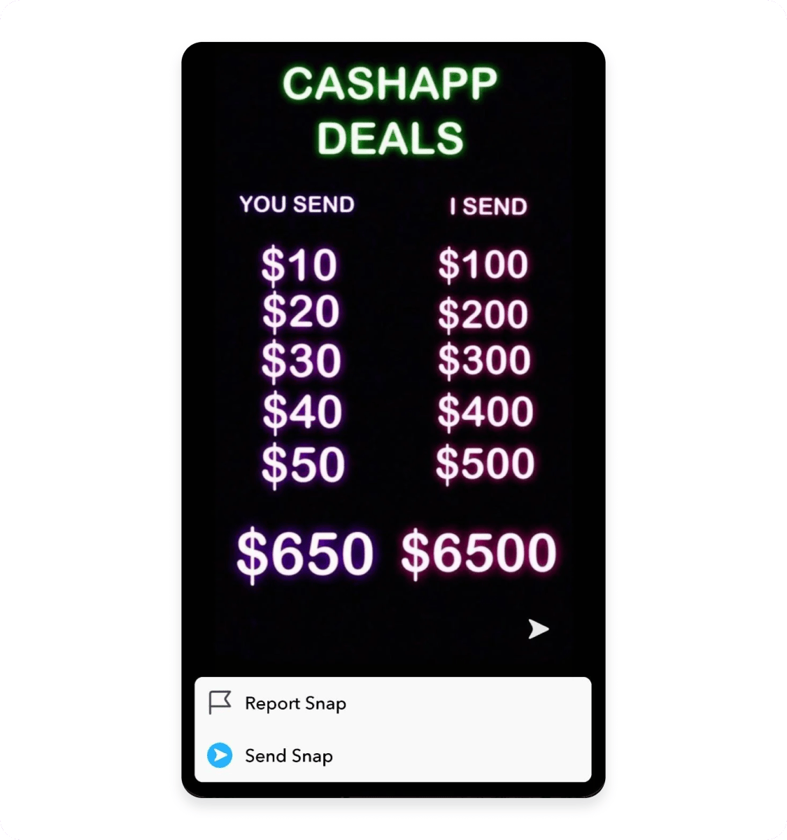 A Snapchat message promoting a money-flipping opportunity, claiming a small payment will return a much larger amount.
