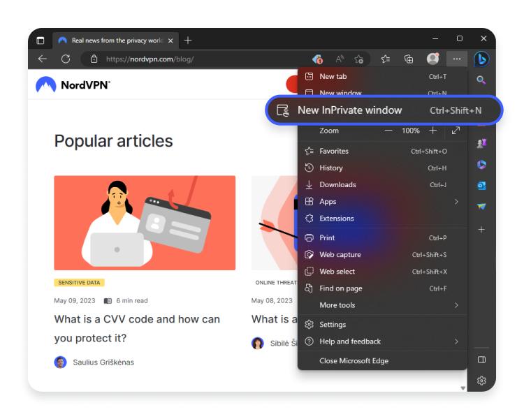go incognito in edge: step 2 - click new inprivate window