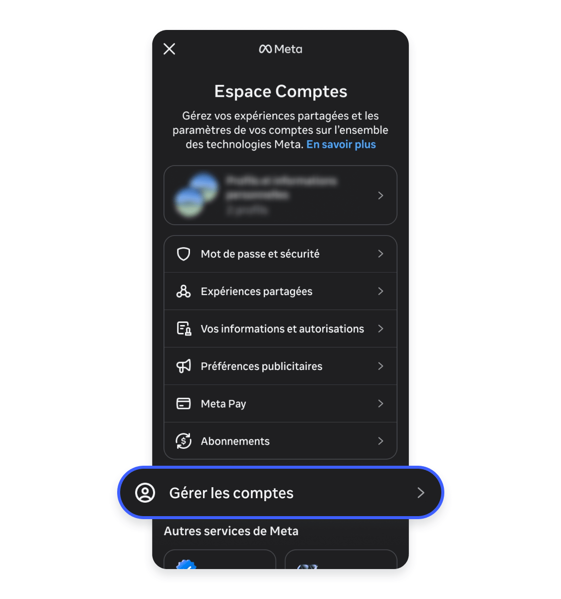 Suppression d&#39;un compte Instagram sur mobile : appuyer sur Gérer les comptes