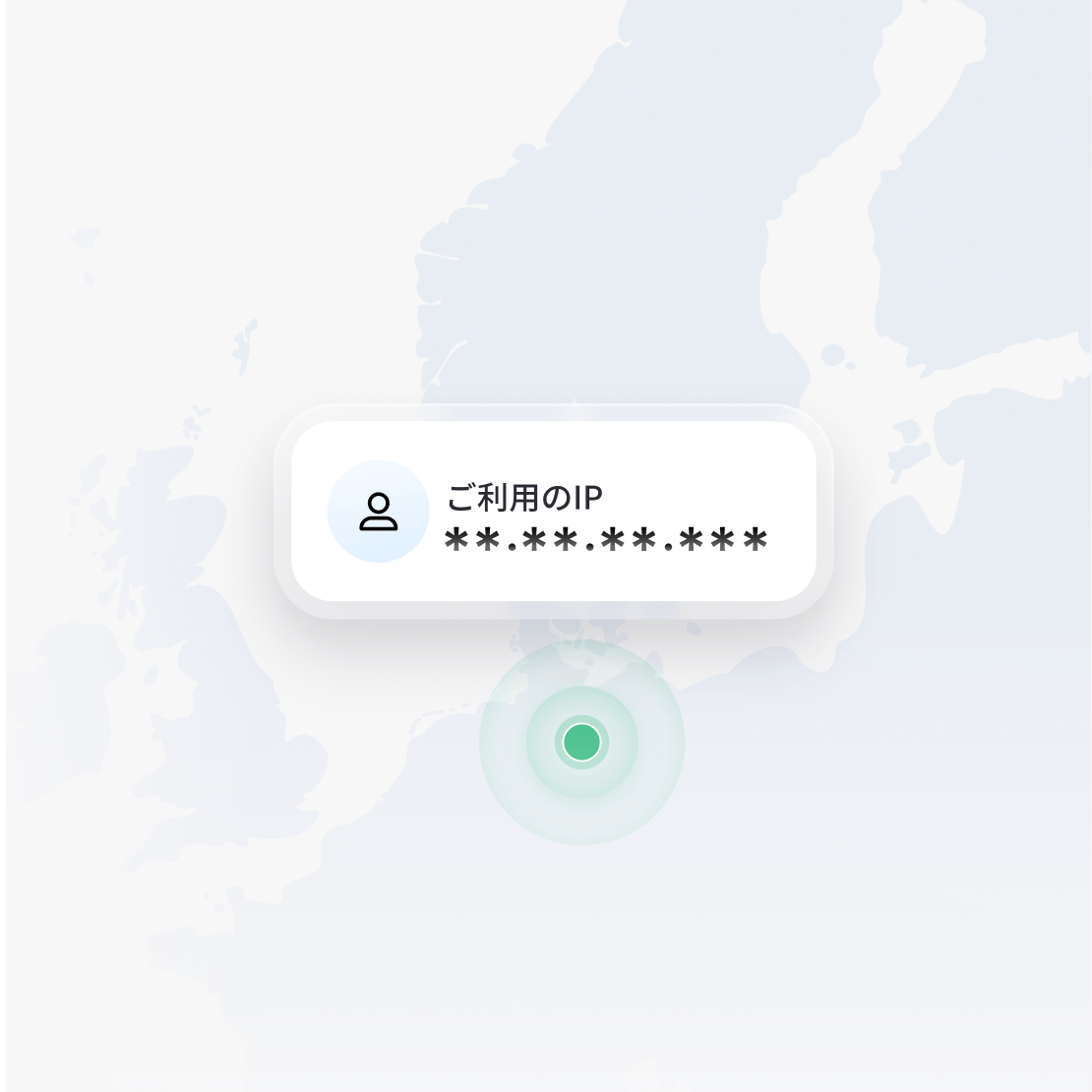 ある人の位置と暗号化されたIPアドレスを示す世界地図のイラスト。